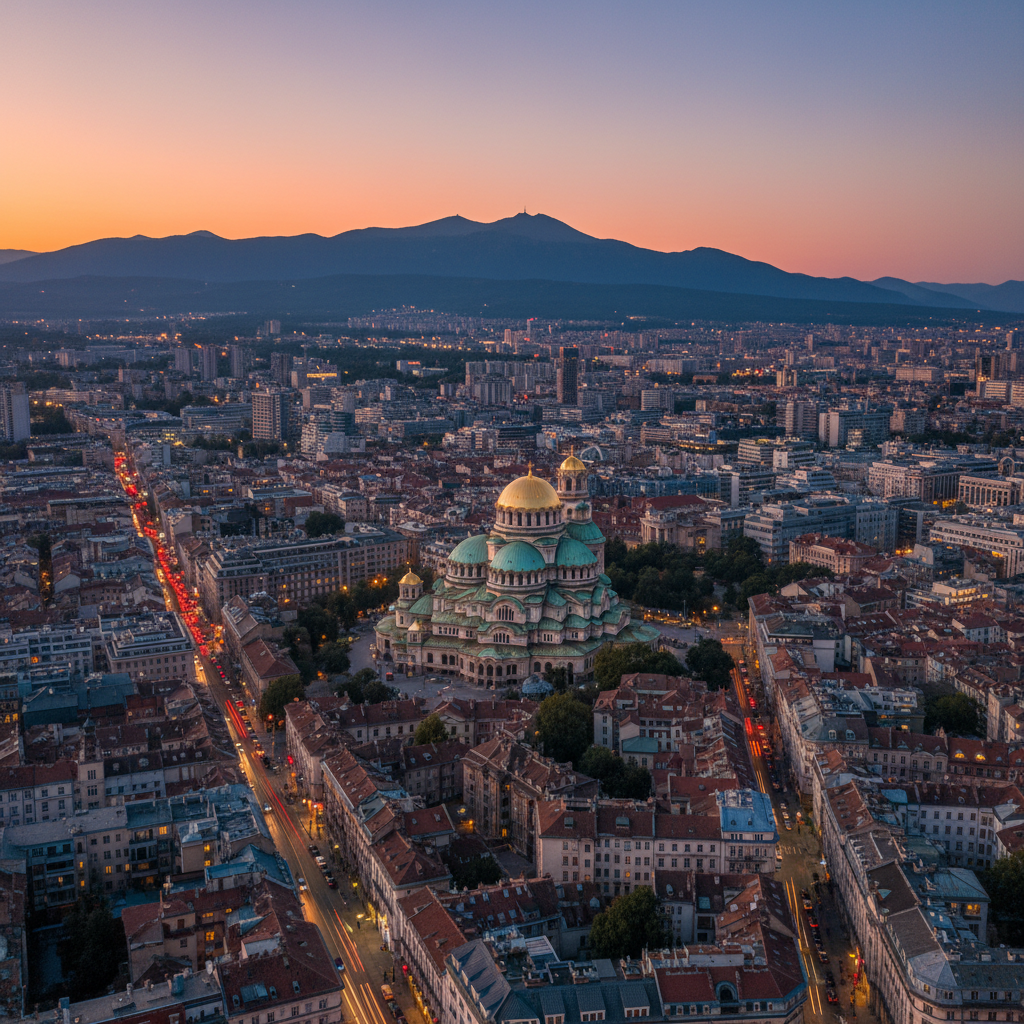 Aerial view of Sofia city center with Alexander Nevsky Cathedral and Vitosha mountain at dusk