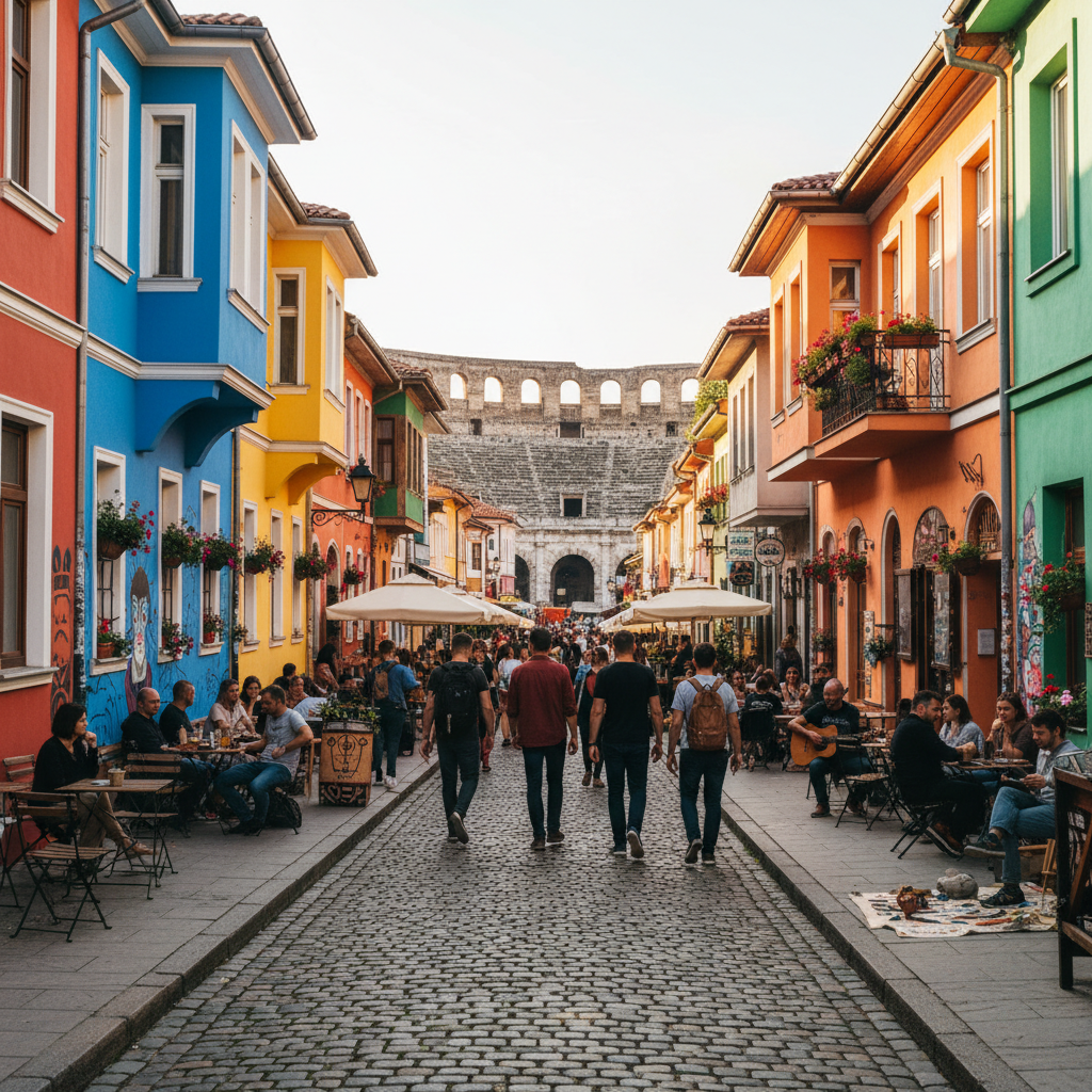 Lively street scene in Plovdiv's Kapana district with cafes and historic buildings