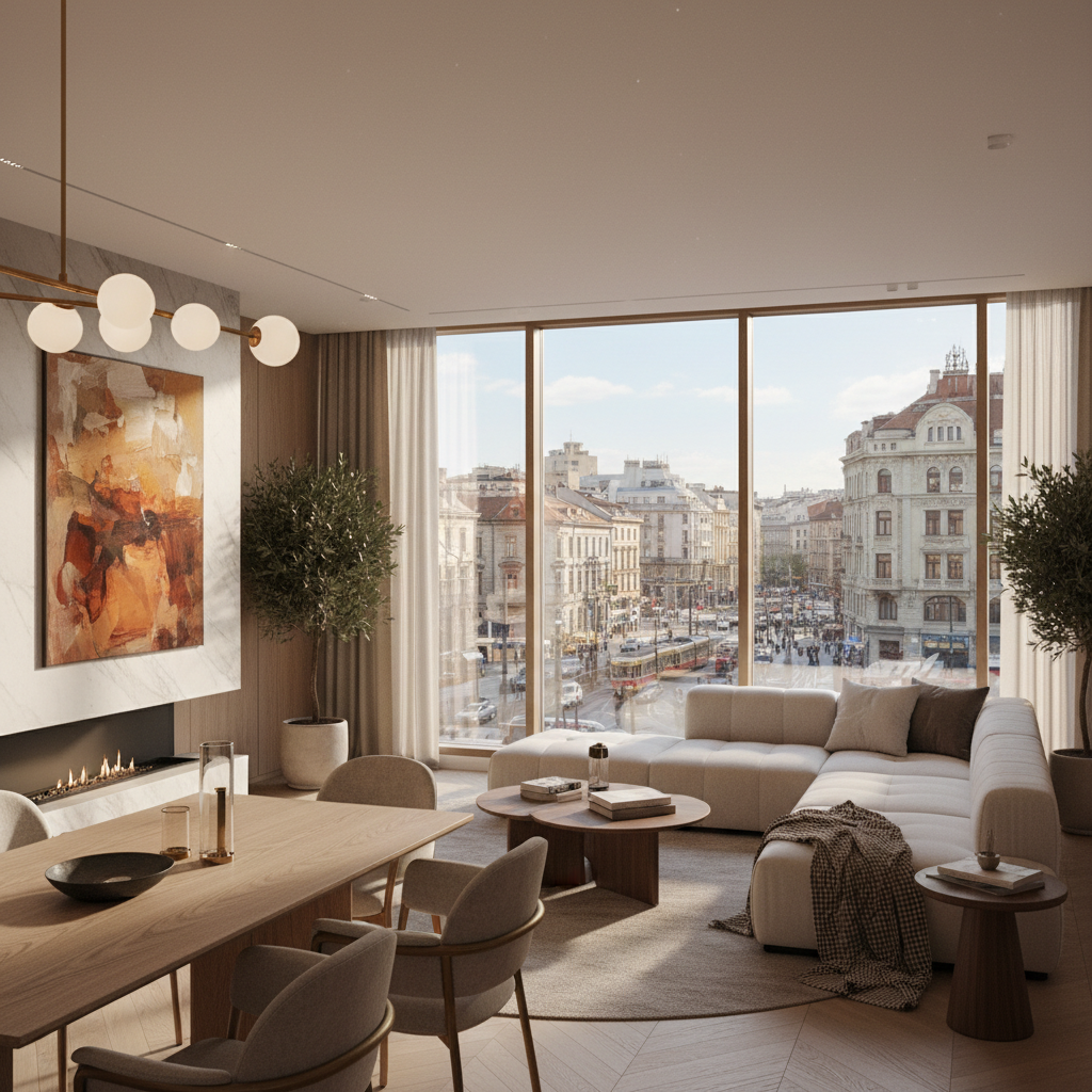 Modern apartment interior in Sofia with city views