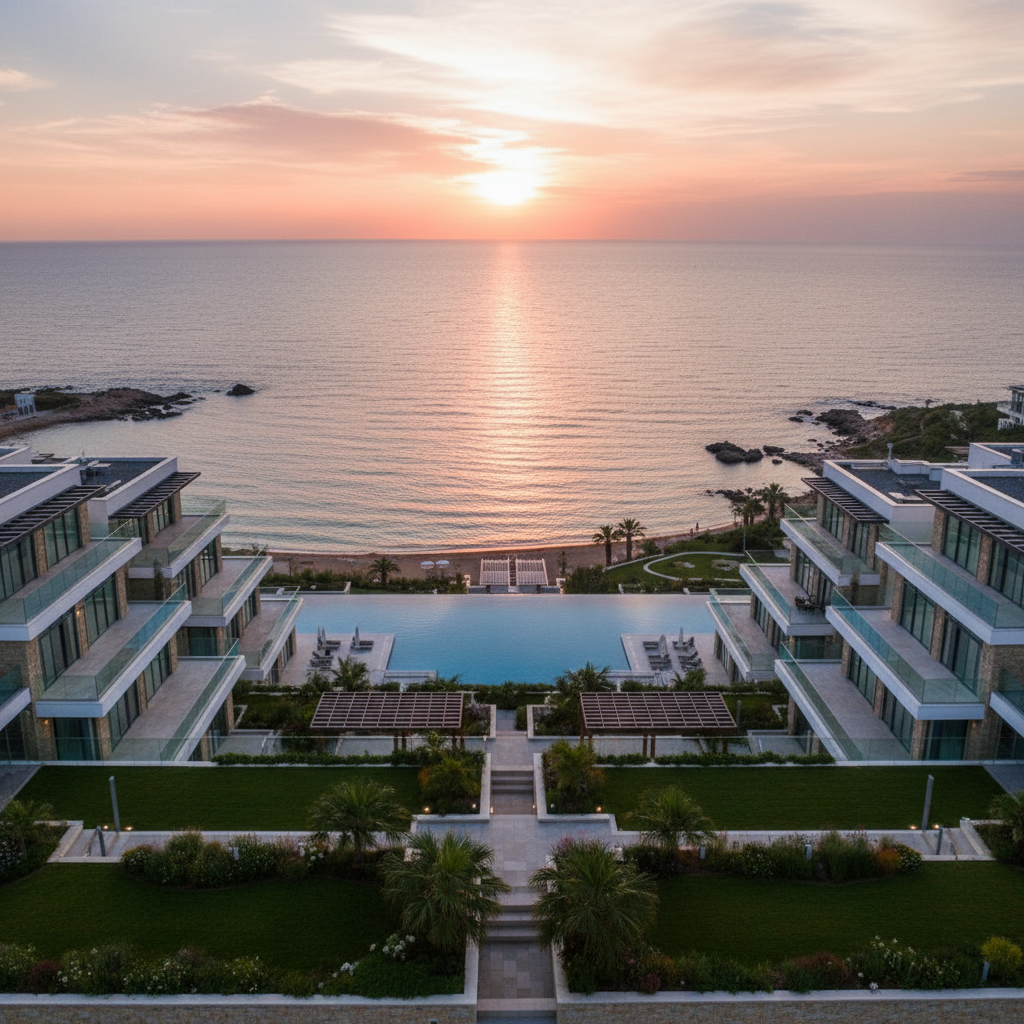Coastal luxury apartment complex at sunset on Black Sea