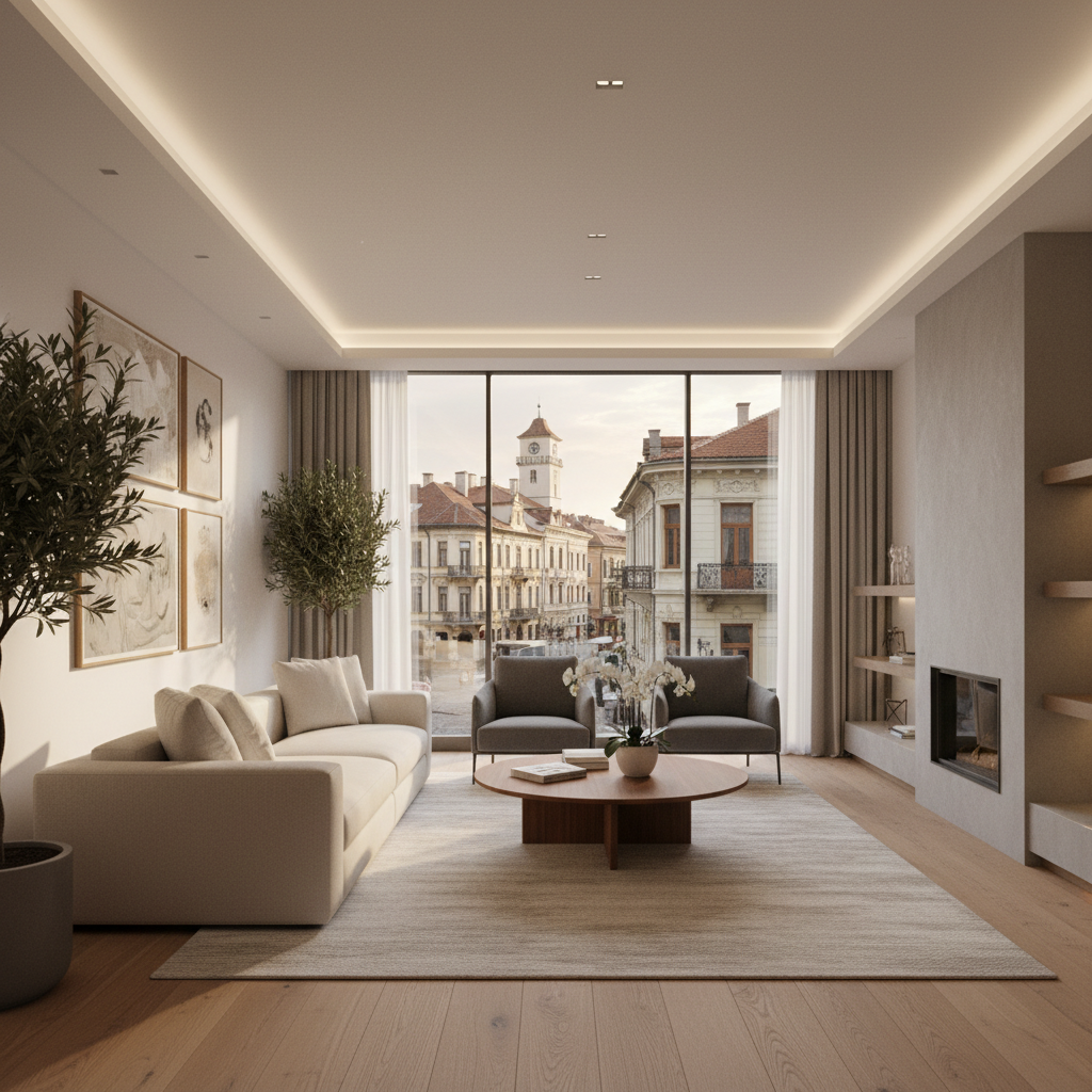 Modern apartment living room with a view of a historic Bulgarian city street