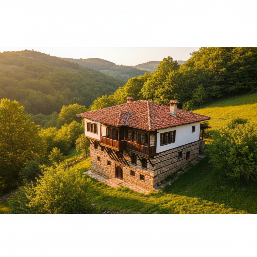 Traditional Bulgarian stone house in a scenic mountain village landscape