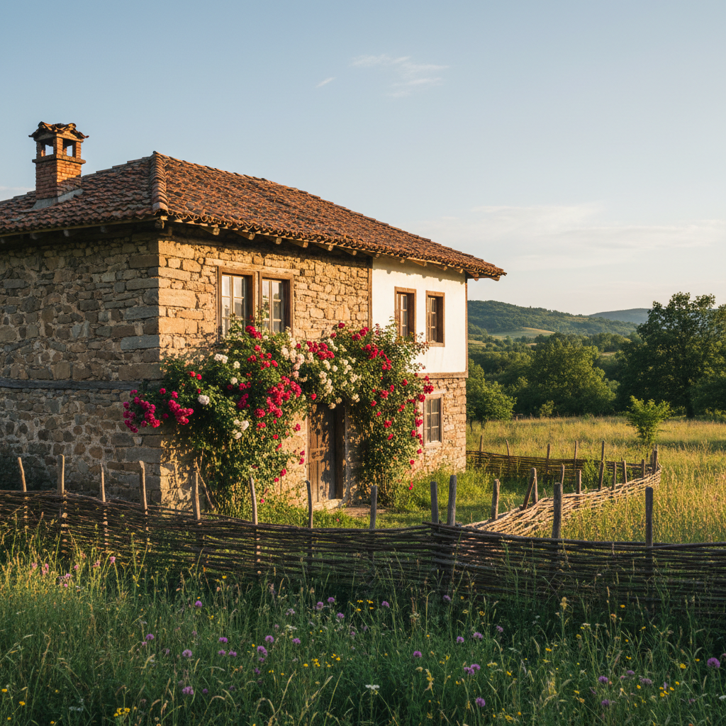 Charming old stone house in a historic Bulgarian village with a blooming rose bush