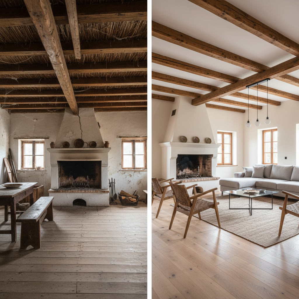 Before and after renovation comparison of a traditional Bulgarian village house interior