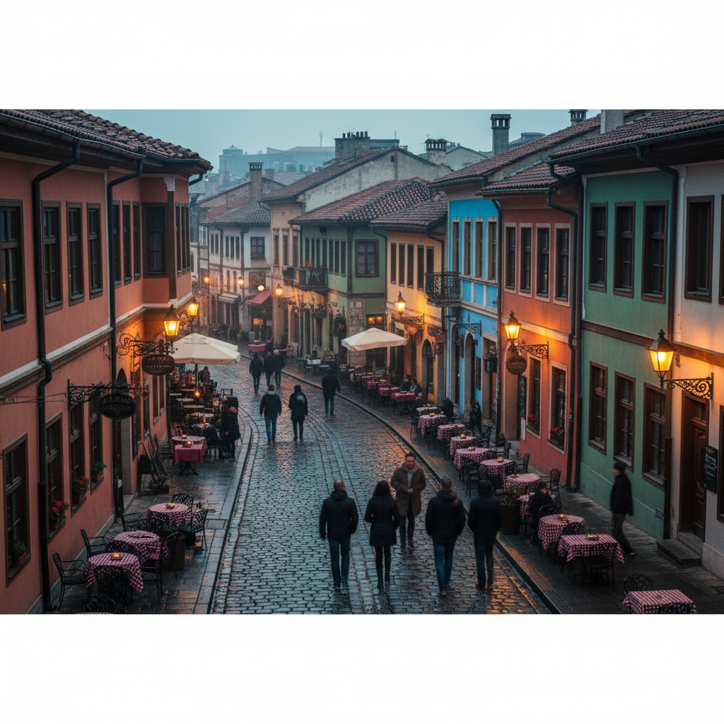 Historic cobblestone street in a Bulgarian city at dusk with cafes and strolling people.