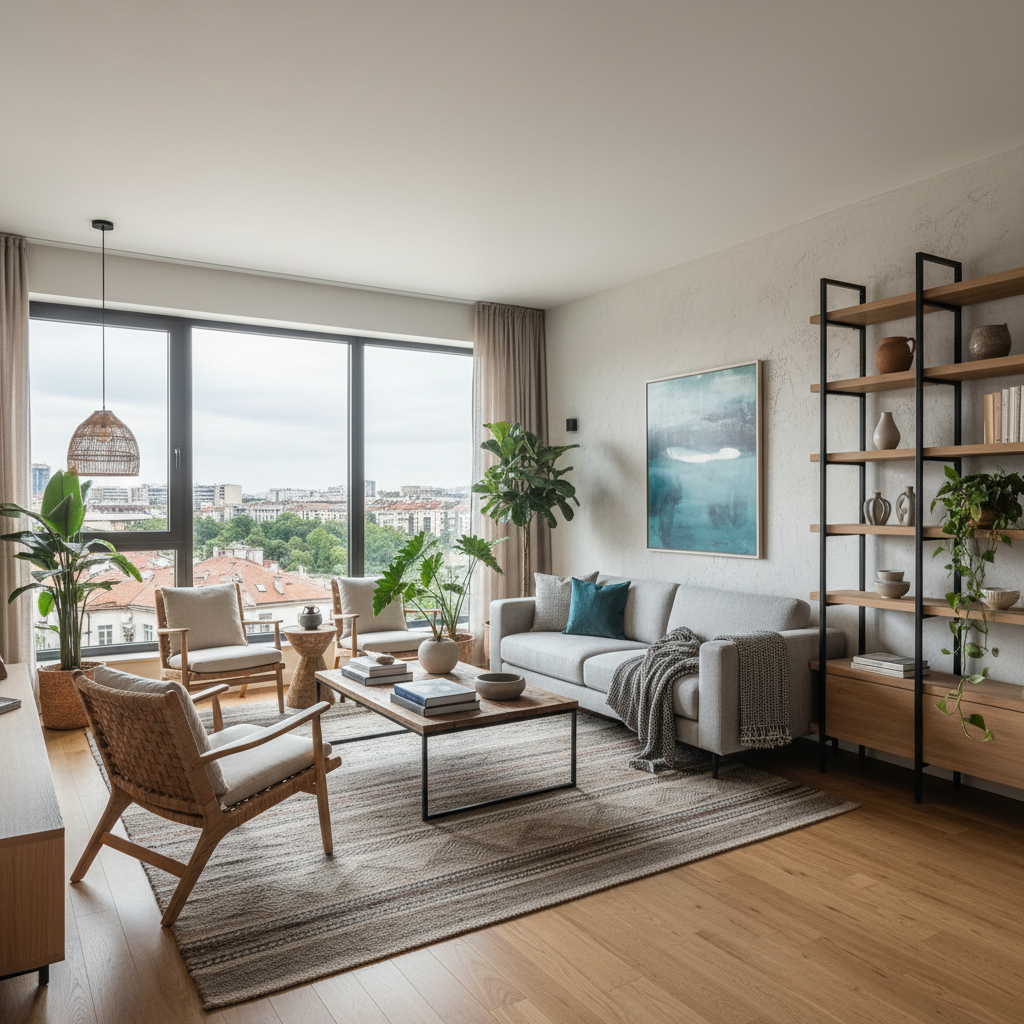 Modern and bright living room in a Sofia apartment with city views.