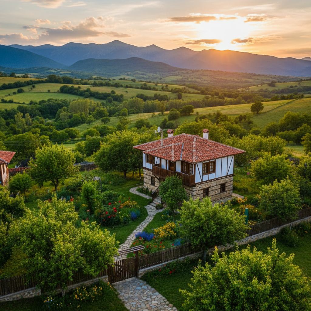 Traditional Bulgarian village house with red tiled roof and garden