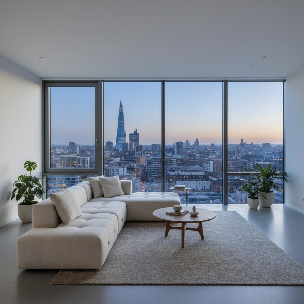 Contemporary apartment living room with city skyline view