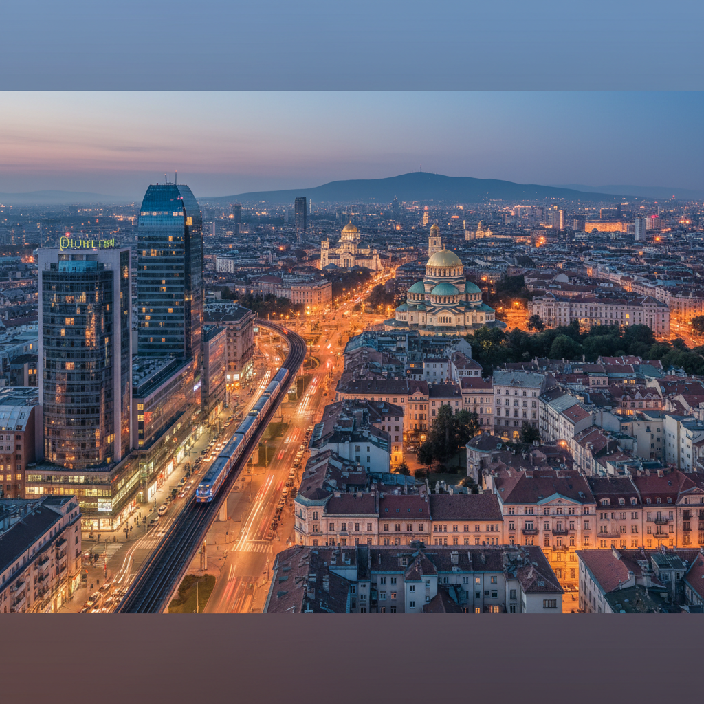 Panoramic view of Sofia's vibrant cityscape at dusk, showcasing its blend of modern and historic buildings and bustling urban life.