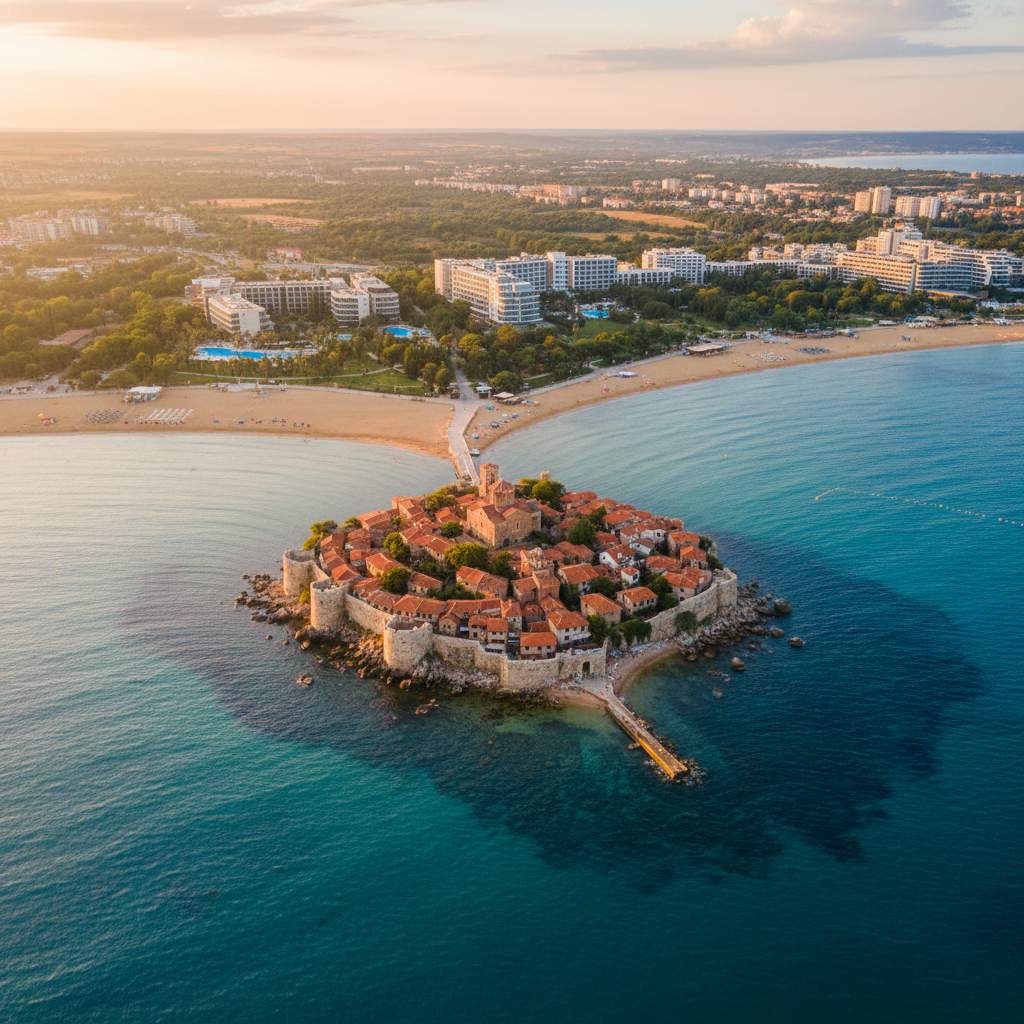 Aerial view of Nessebar on the Bulgarian Black Sea coast, showing ancient architecture, sun-drenched beaches, and luxury resorts.