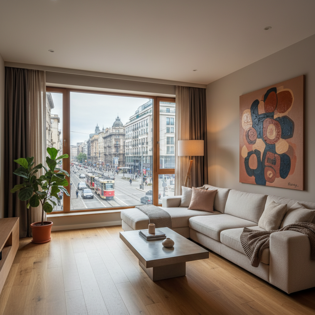 Modern apartment in Sofia with a city view, representing urban investment potential.