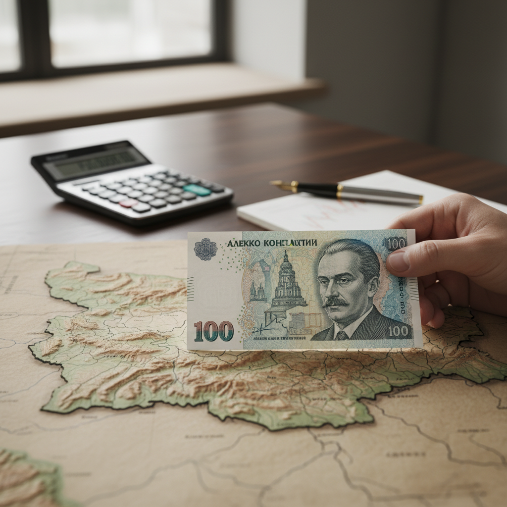Financial planning tools laid out on a map of Bulgaria, symbolizing property investment strategy.