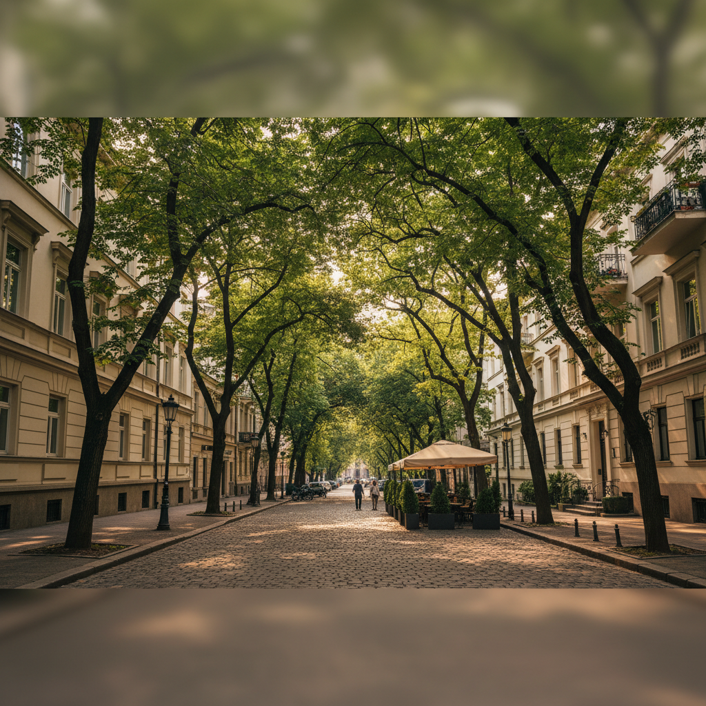 Tree-lined street in Lozenets, Sofia with elegant residential buildings and a cafe terrace