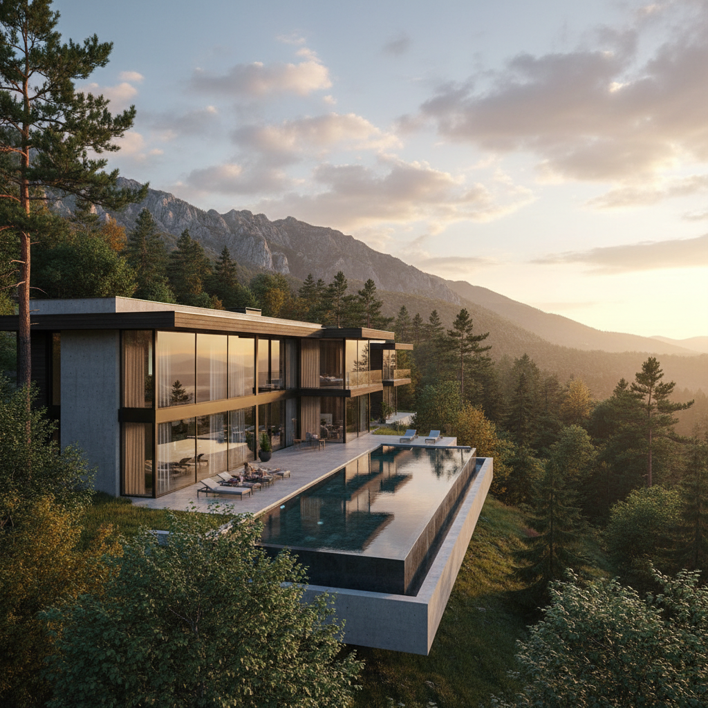 Modern luxury villa in Sofia's Vitosha foothills with infinity pool and mountain views