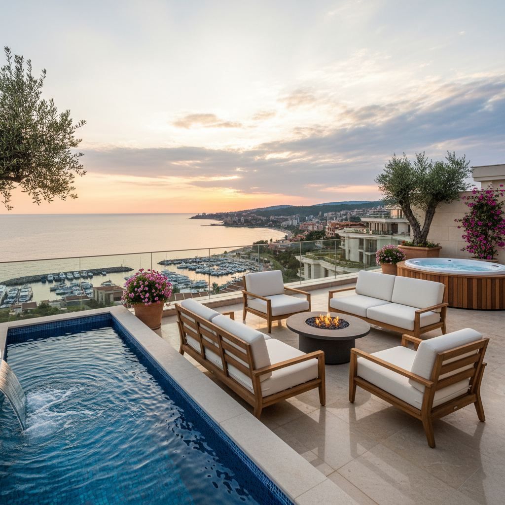 Stunning sea-view penthouse terrace in Sveti Vlas, Bulgaria with plunge pool
