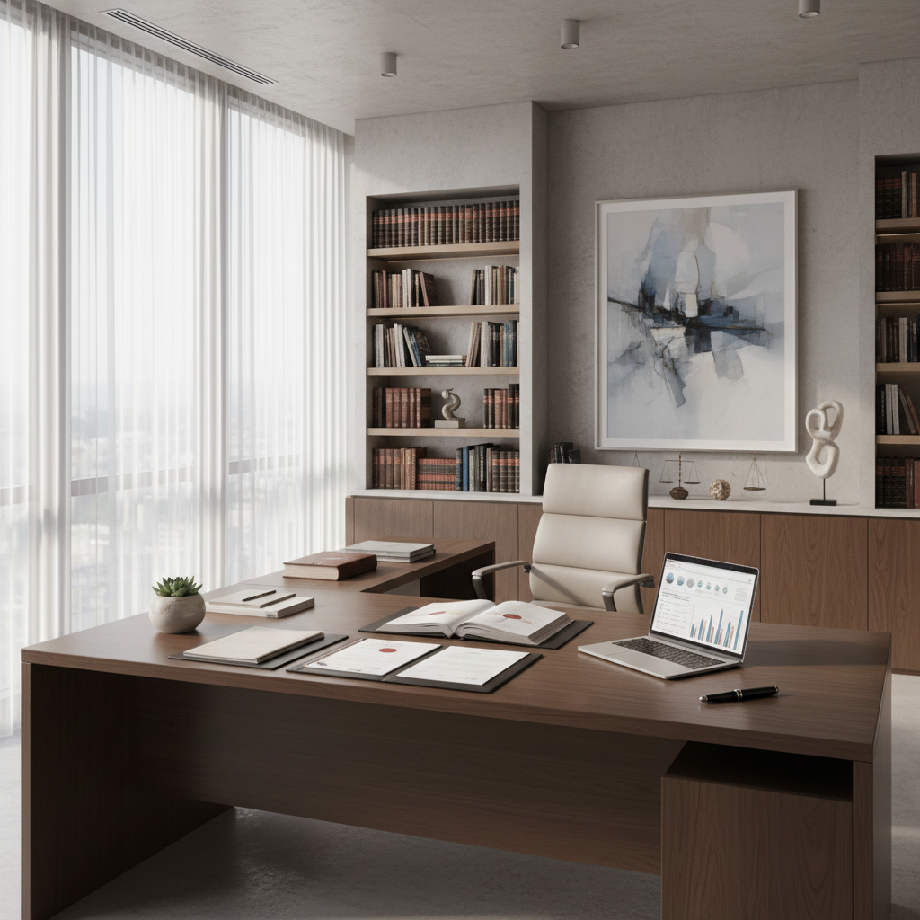 A well-organized notary desk with mortgage documents and pen, bathed in soft light.