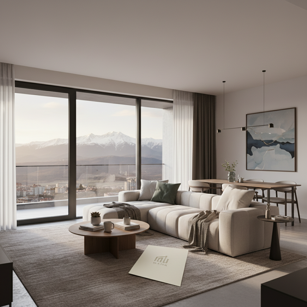 Modern apartment living room in Sofia with mountain views, symbolizing a secured dream home.