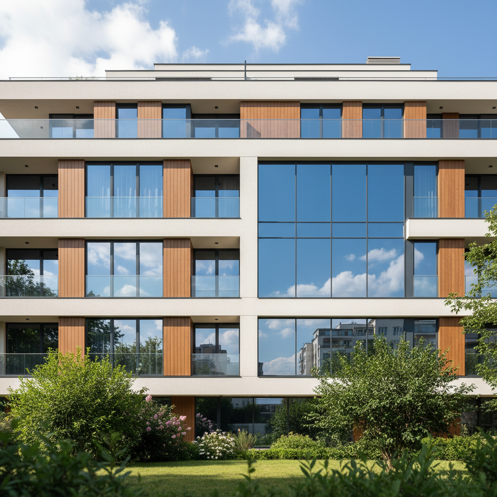 Sleek, modern new build apartment building in Sofia with glass balconies and green surroundings
