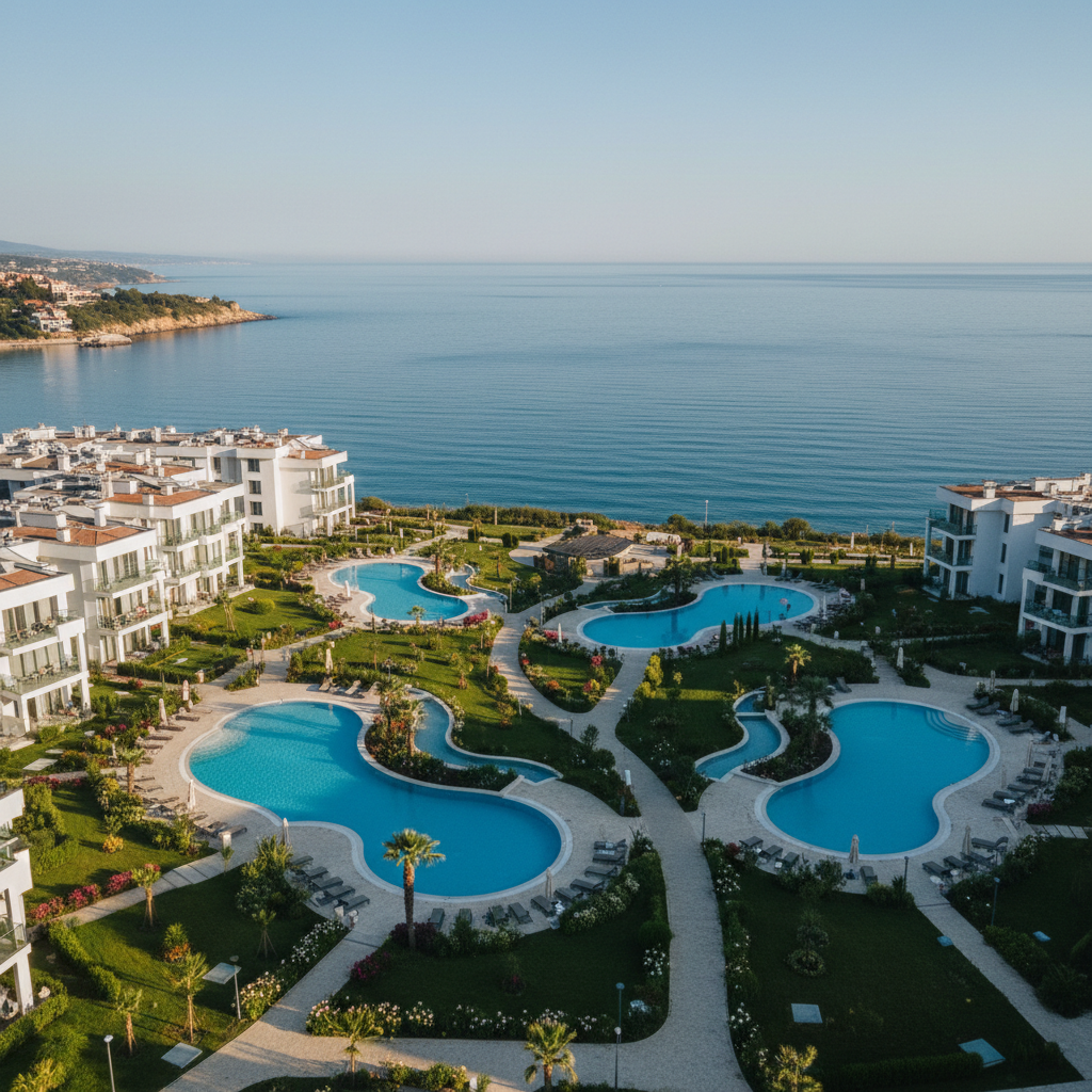 Luxurious new build resort development on the Bulgarian Black Sea coast with pools and sea view