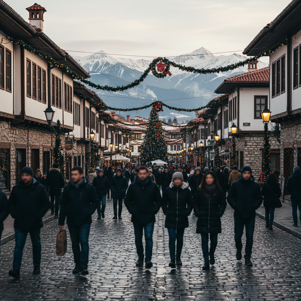 Bansko town center in winter with snow and traditional architecture