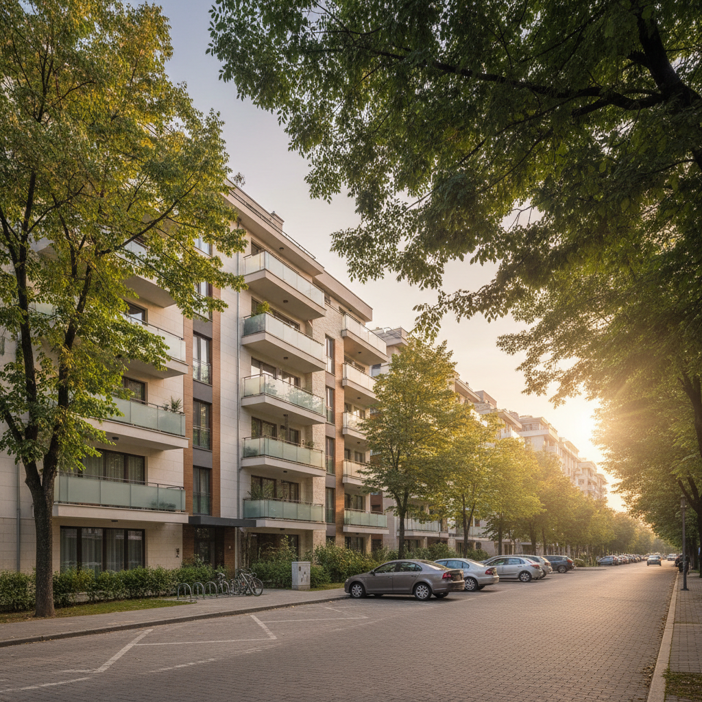 Modern apartment building surrounded by trees in a Burgas residential neighborhood