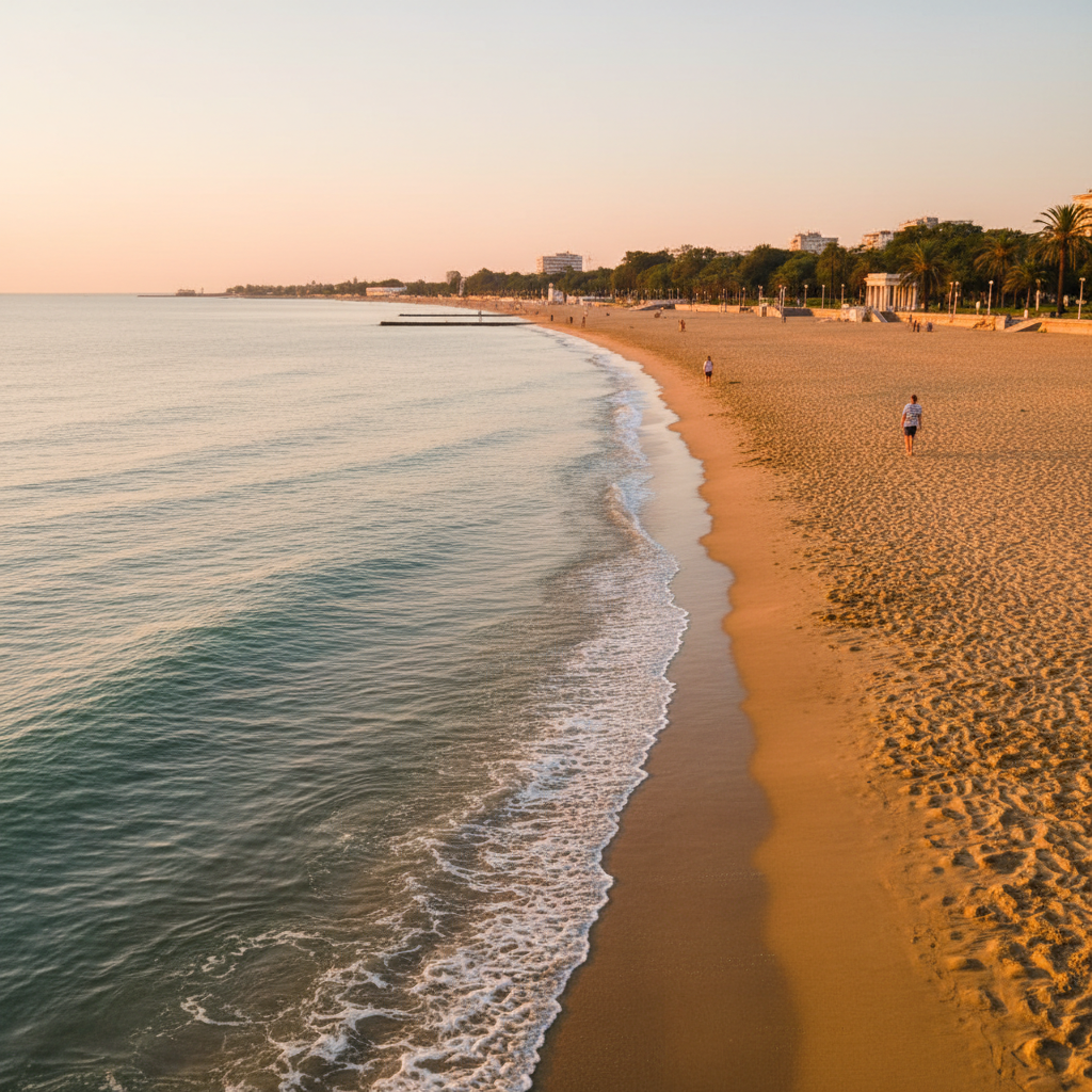 Expansive sandy beach and the Black Sea with Burgas Sea Garden in the distance