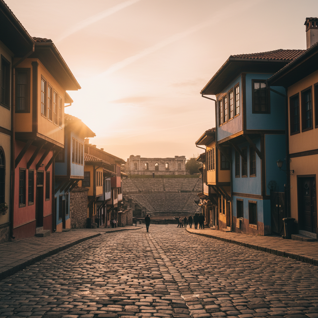 Plovdiv Old Town at sunset, with historic revival houses and cobbled streets