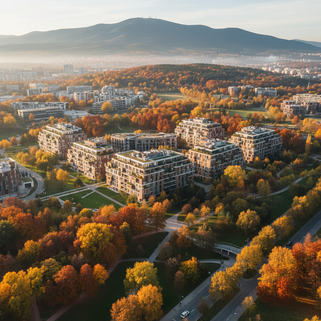 Modern residential buildings with green areas and Vitosha mountain in the background in Sofia