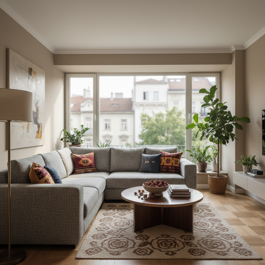 Elegant living room in a contemporary Sofia apartment with city view