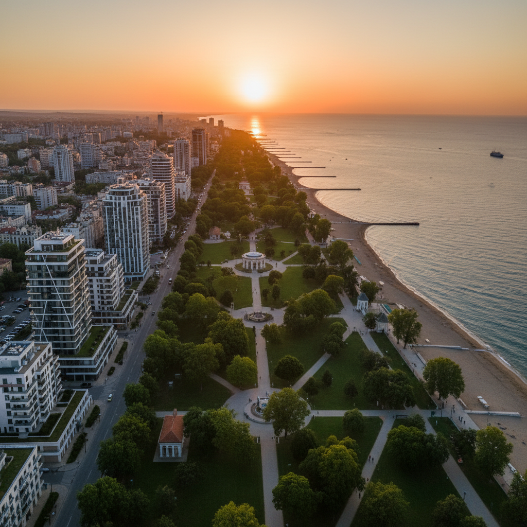 Aerial view of Varna city with Sea Garden and Black Sea at sunset
