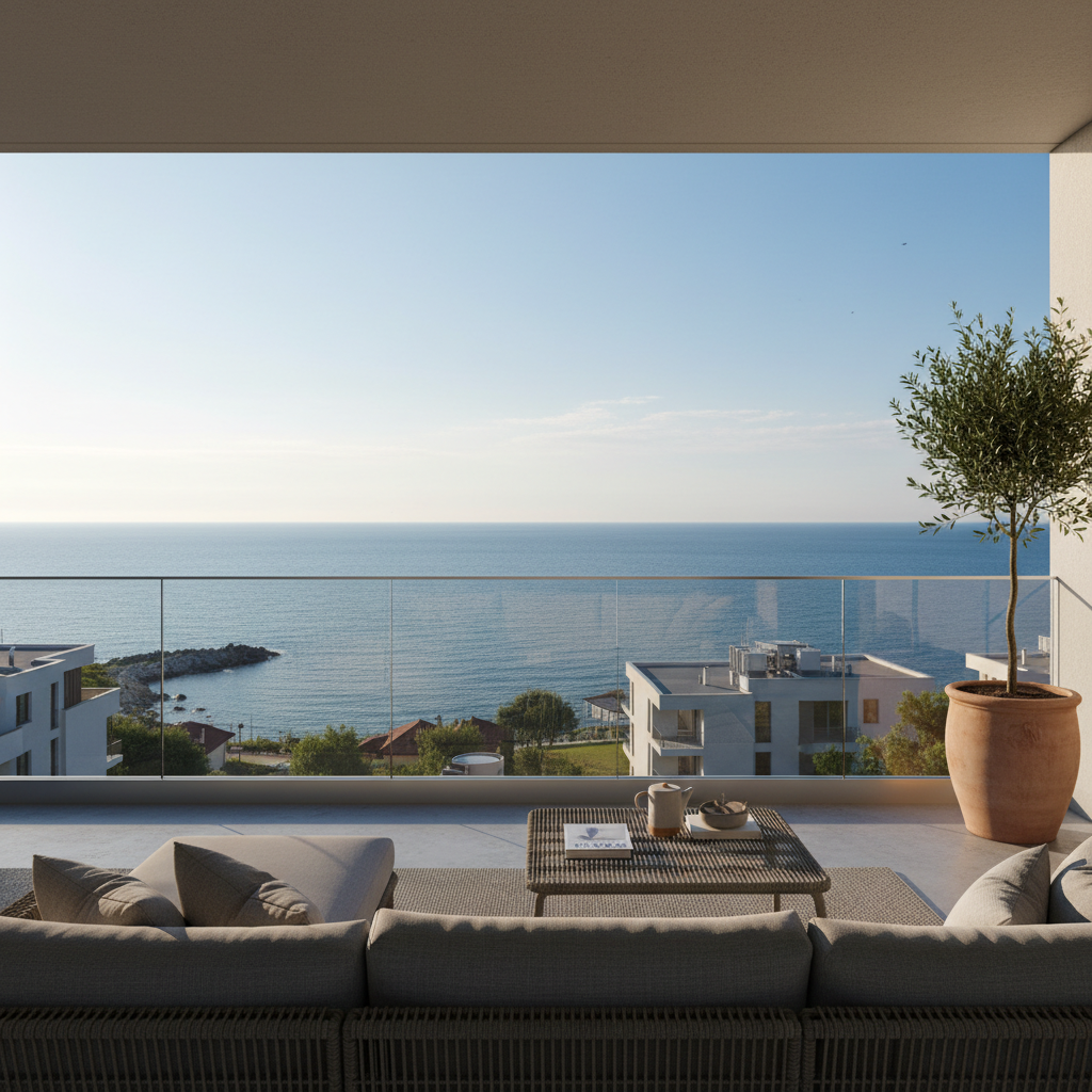 Modern apartment balcony with panoramic sea view in Varna, Galata