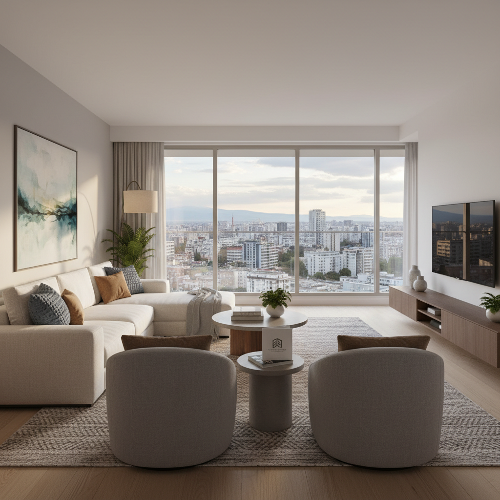 Modern apartment living room in Sofia with city views, natural light