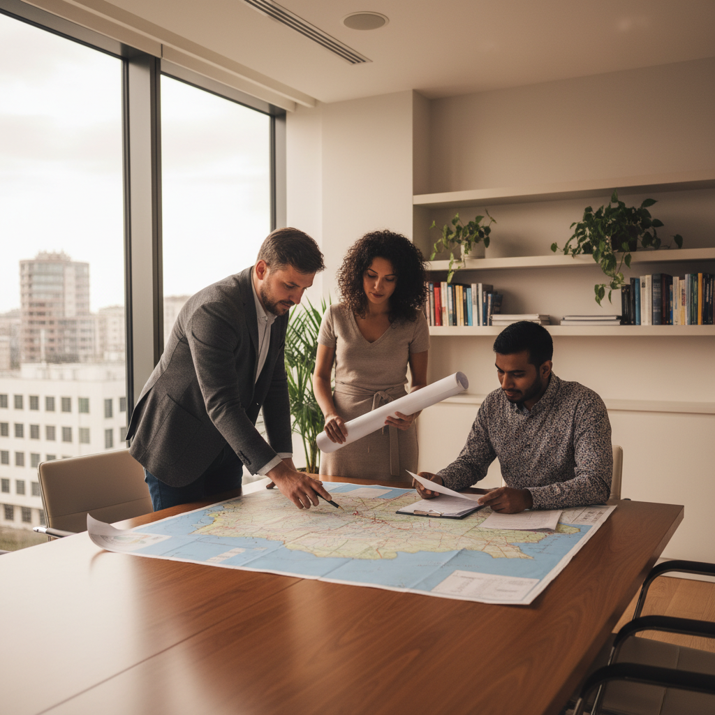 Team of property managers in a bright office reviewing documents and a map of Bulgaria