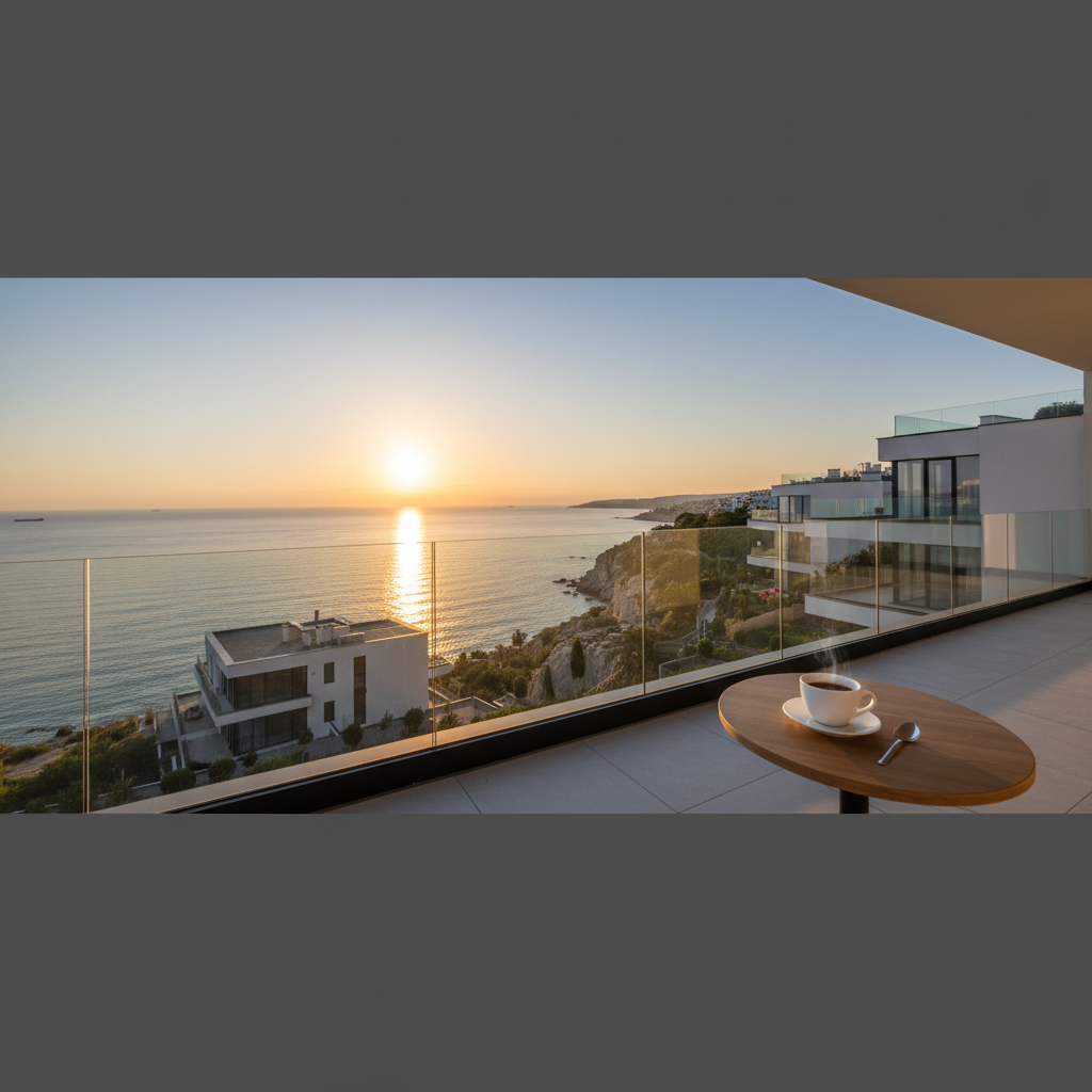 Coastal apartment balcony overlooking the Black Sea at sunrise in Varna