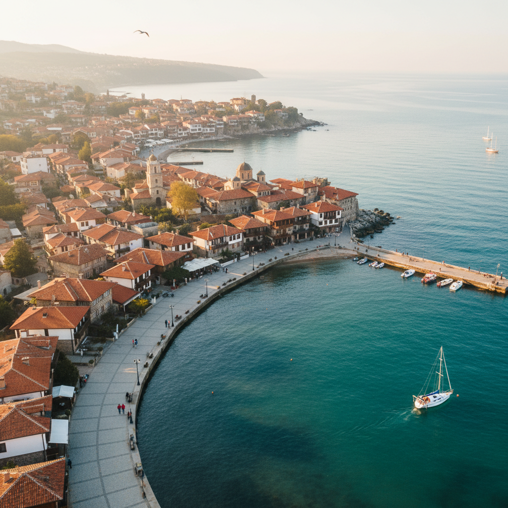 Panoramic view of a picturesque Bulgarian coastal town with red roofs and a clear blue sea, perfect for retirement