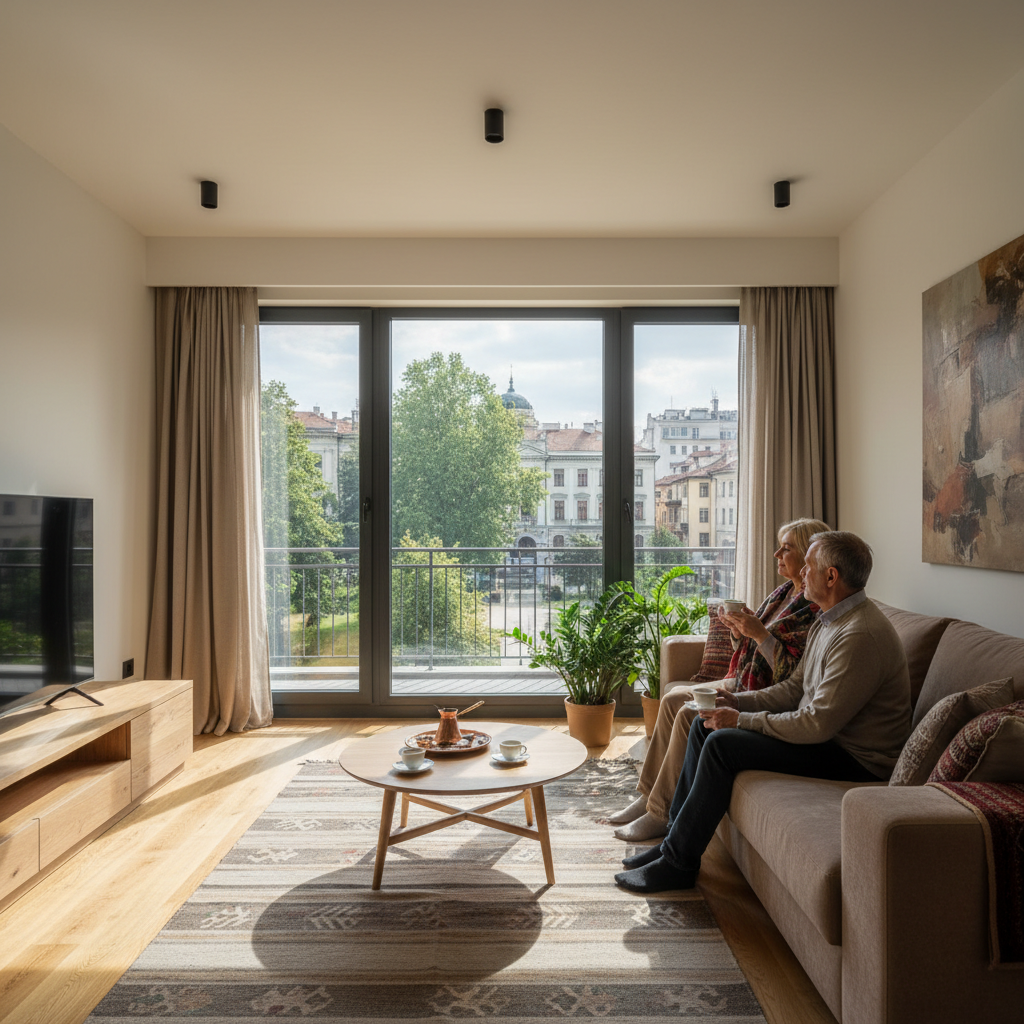 Well-lit living room of a modern apartment in a Bulgarian city, showing a couple enjoying their retirement