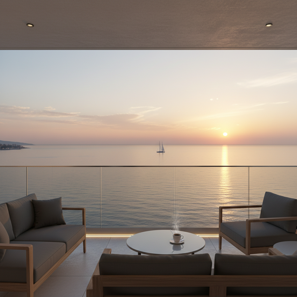 Sunrise over the Black Sea from a modern sea view apartment balcony in Bulgaria