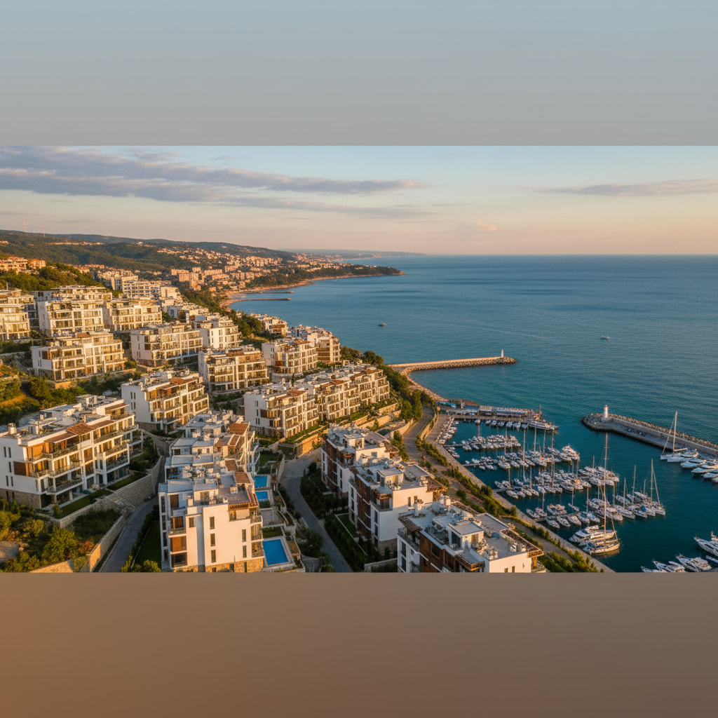 Panoramic view of Sveti Vlas hillside apartments overlooking Marina Dinevi and the Black Sea
