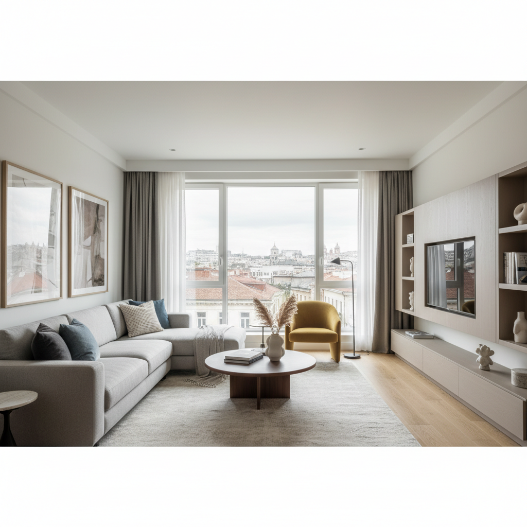 Modern apartment living room in Sofia, showcasing contemporary design and abundant natural light.