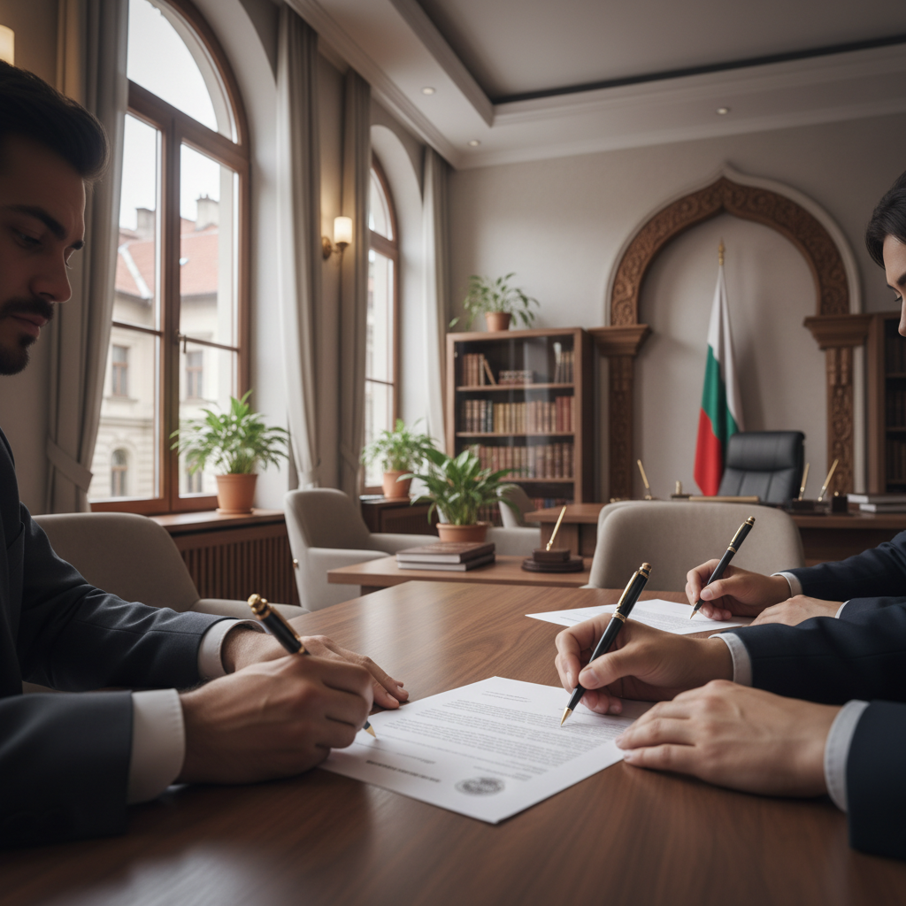 Hands signing important property documents at a notary's office in Bulgaria.