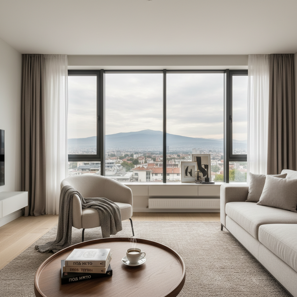 Modern apartment living room in Sofia with mountain view