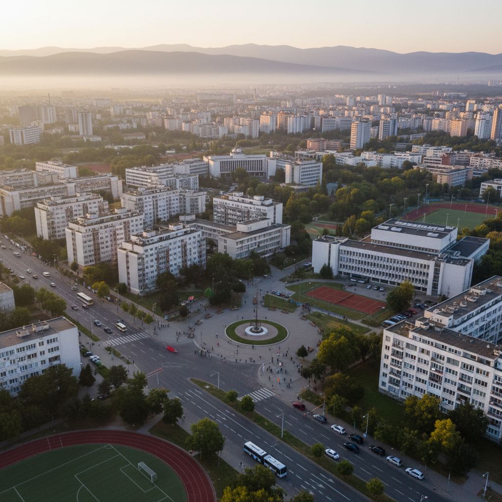 Aerial view of Studentski Grad, Sofia, with universities and modern residential buildings