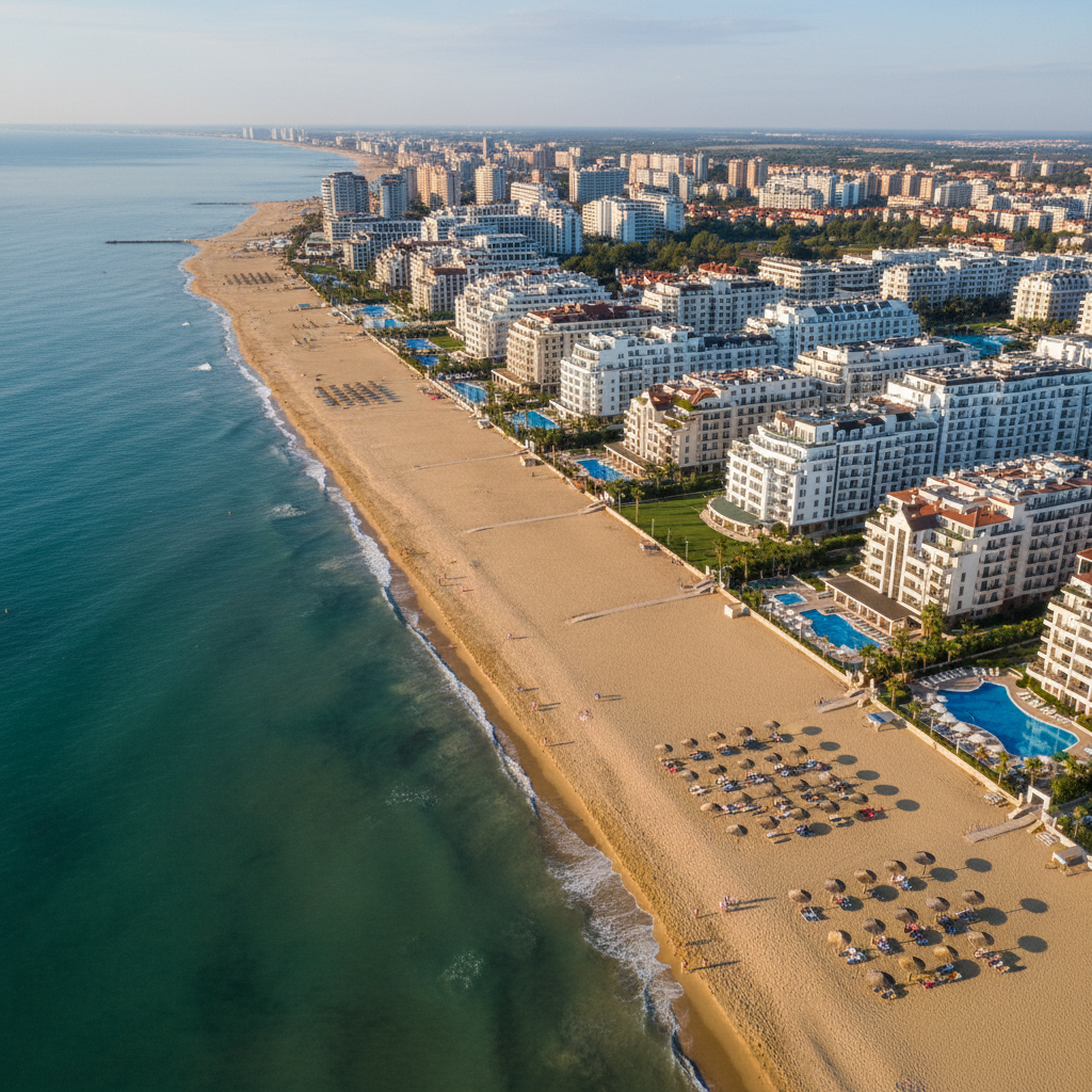 Aerial view of Sunny Beach coastline with sandy beach and numerous resorts.