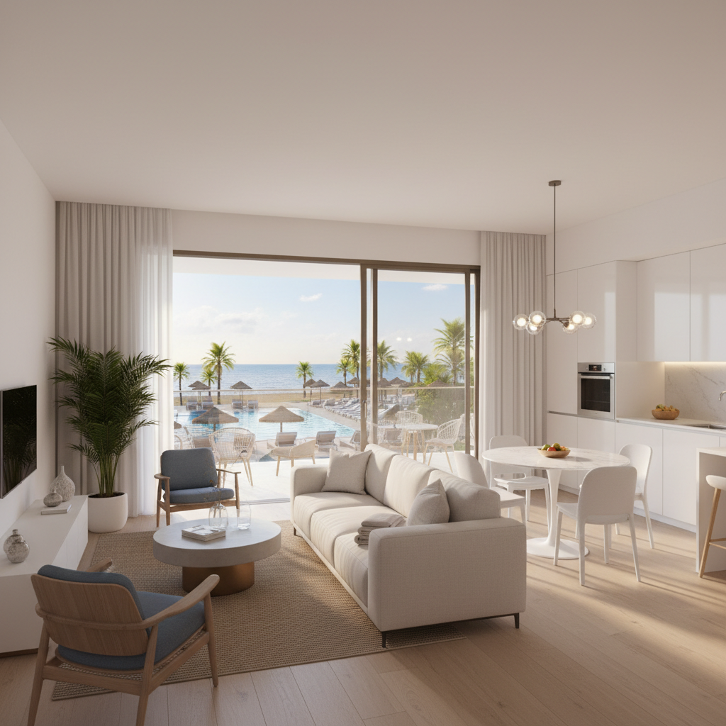 Modern apartment living room with balcony overlooking a resort swimming pool in Sunny Beach.